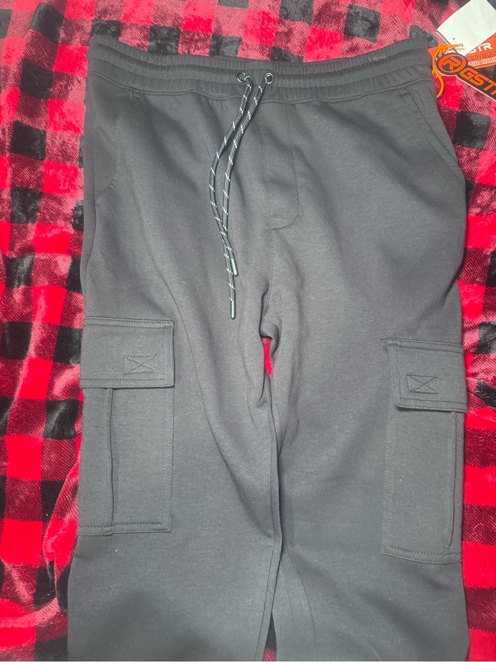 Men's Black Cargo Jogger Sweatpants with Drawstring Waist and Patch Pockets